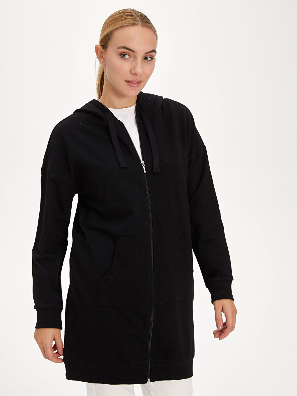 Siyah Oversize Sweatshirt Kumaşı Kadın Spor Hırka-1