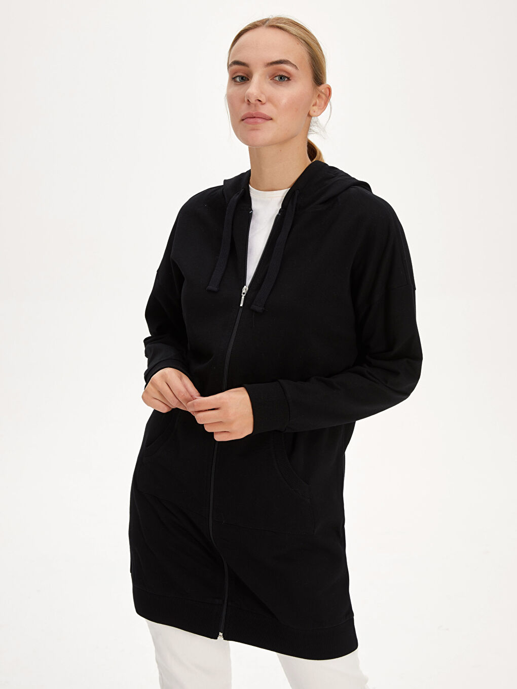 Siyah Oversize Sweatshirt Kumaşı Kadın Spor Hırka-2