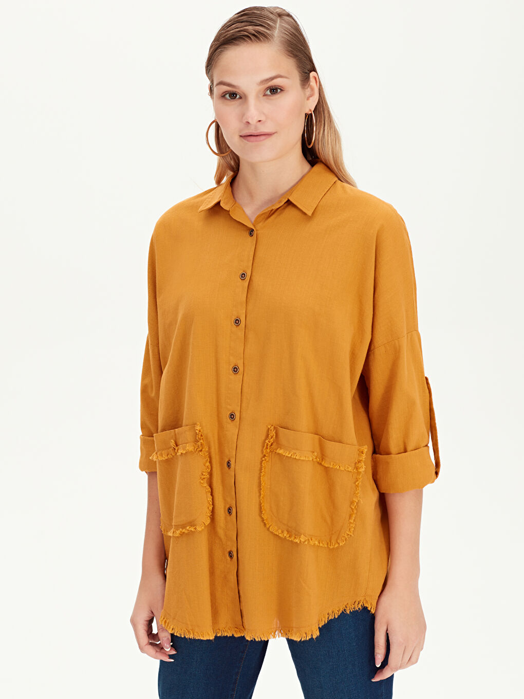 Sarı Düğme Kapamalı Cep Detaylı Uzun Kollu Poplin Kadın Gömlek