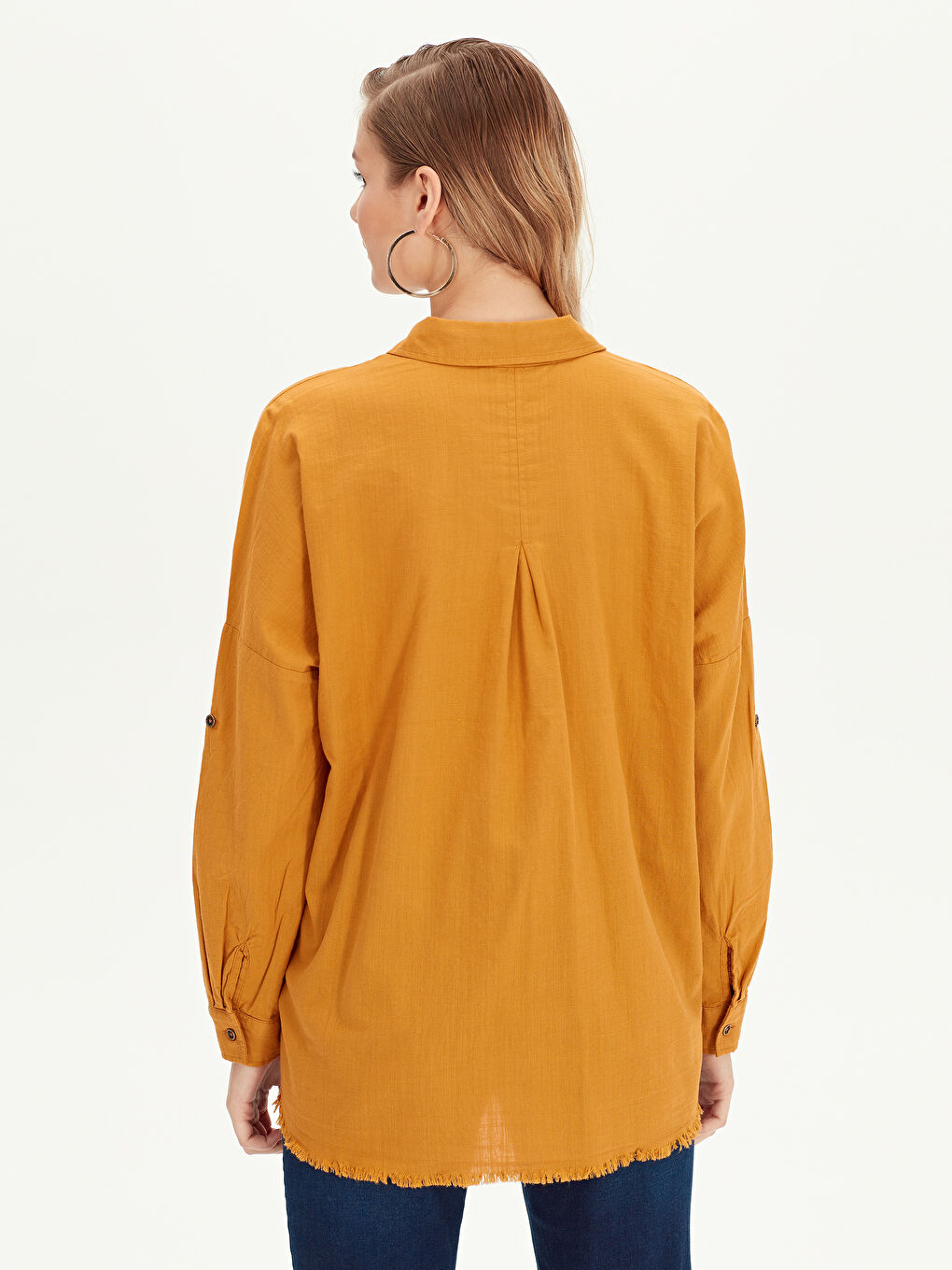 Sarı Düğme Kapamalı Cep Detaylı Uzun Kollu Poplin Kadın Gömlek-2