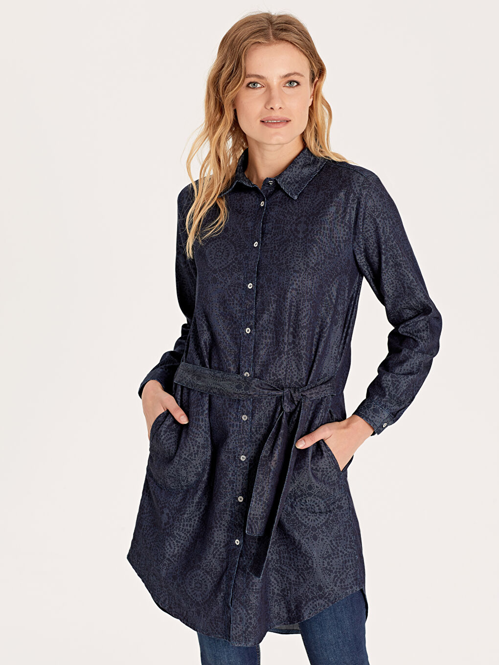 Shirt Collar Long Sleeve Women's Jean Tunic-1