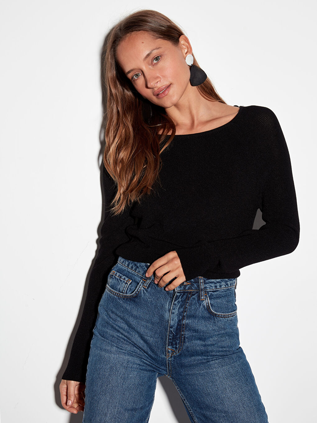 әйелдерге арналған дөңгелек жағалы ұзын жең трикотаж жемпір-1