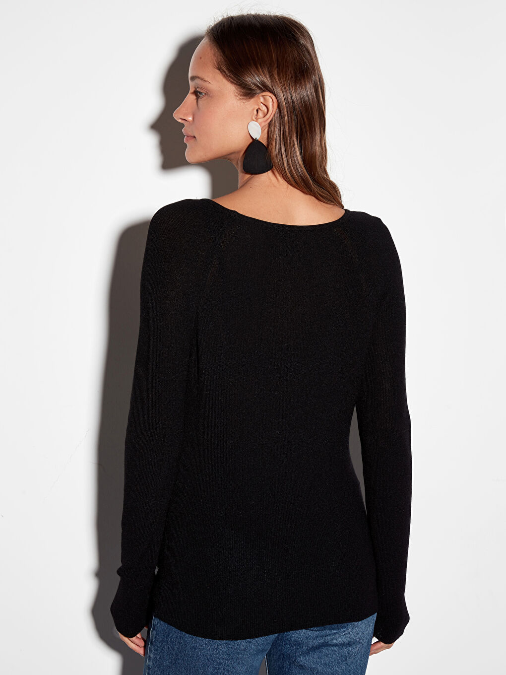 әйелдерге арналған дөңгелек жағалы ұзын жең трикотаж жемпір-2