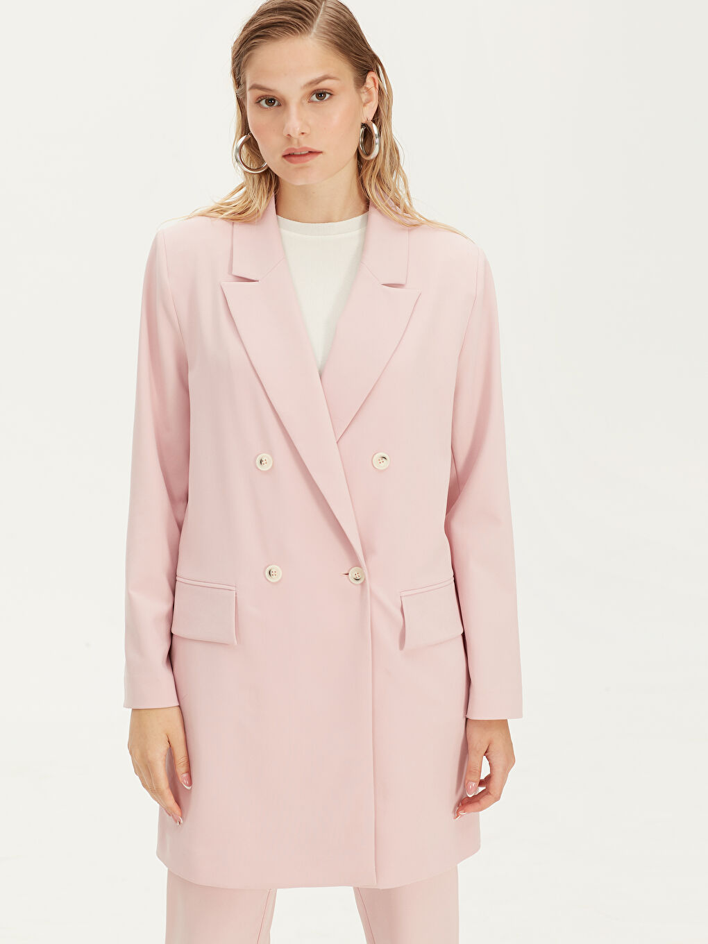 Pembe Standart Fit Ceket Yaka Uzun Kollu Kadın Ceket