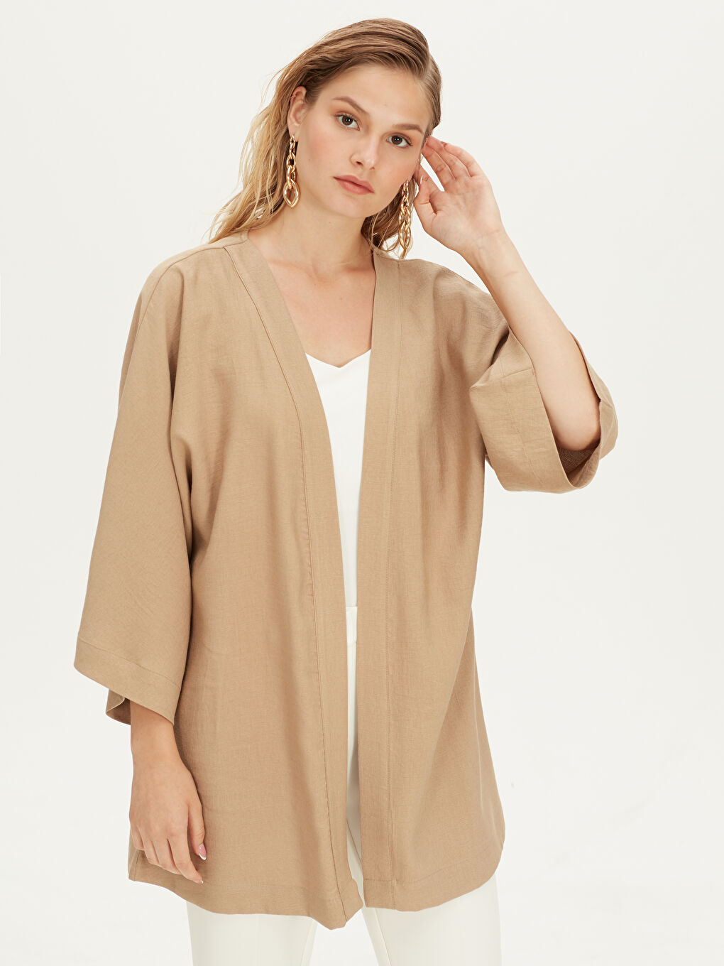 Bej Kadın V Yaka Düz Kimono