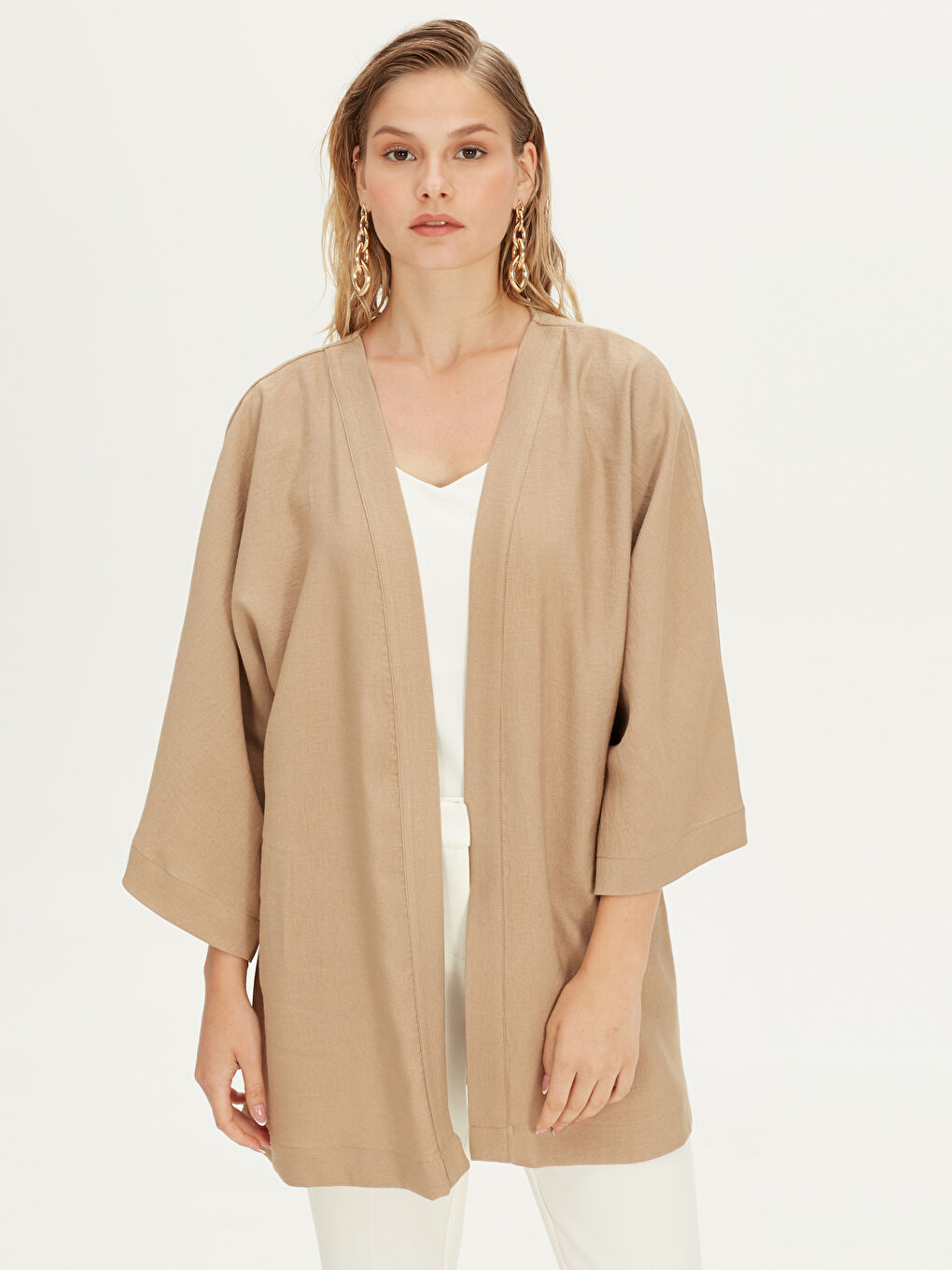 Bej Kadın V Yaka Düz Kimono-1