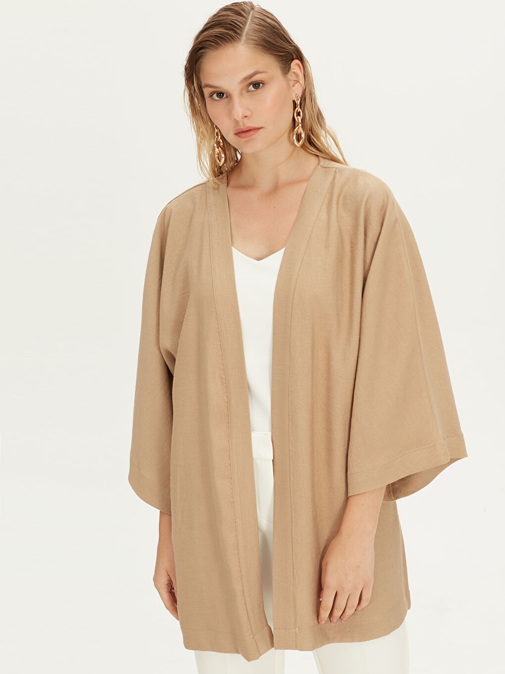 Bej Kadın V Yaka Düz Kimono-2