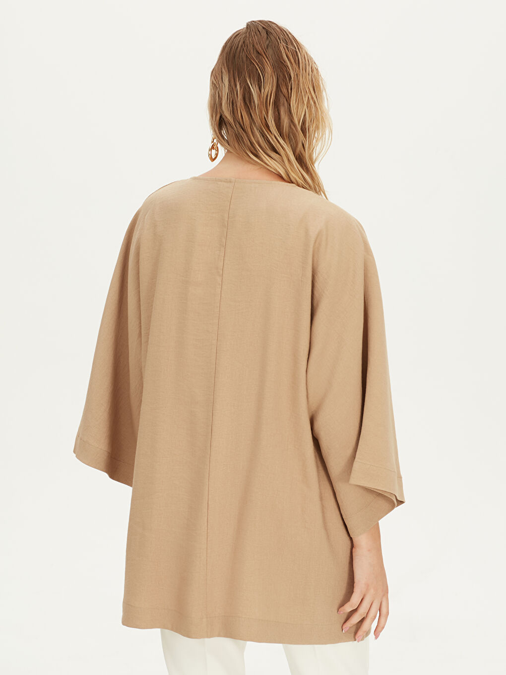 Bej Kadın V Yaka Düz Kimono-3