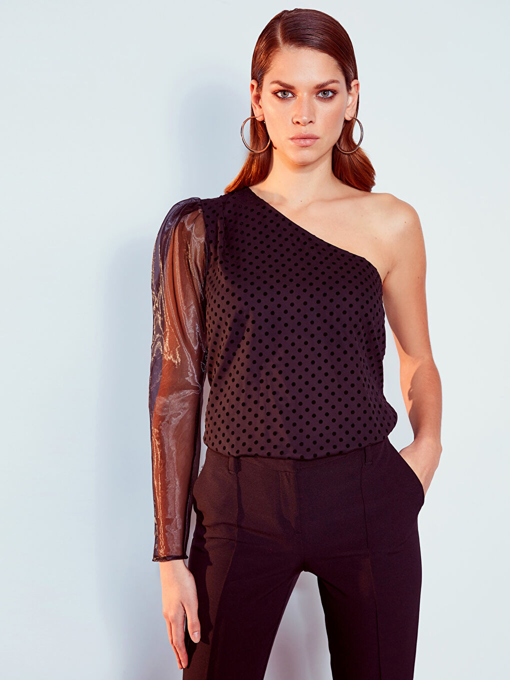 One Shoulder Polka Dot Long Sleeve Women's Blouse-1