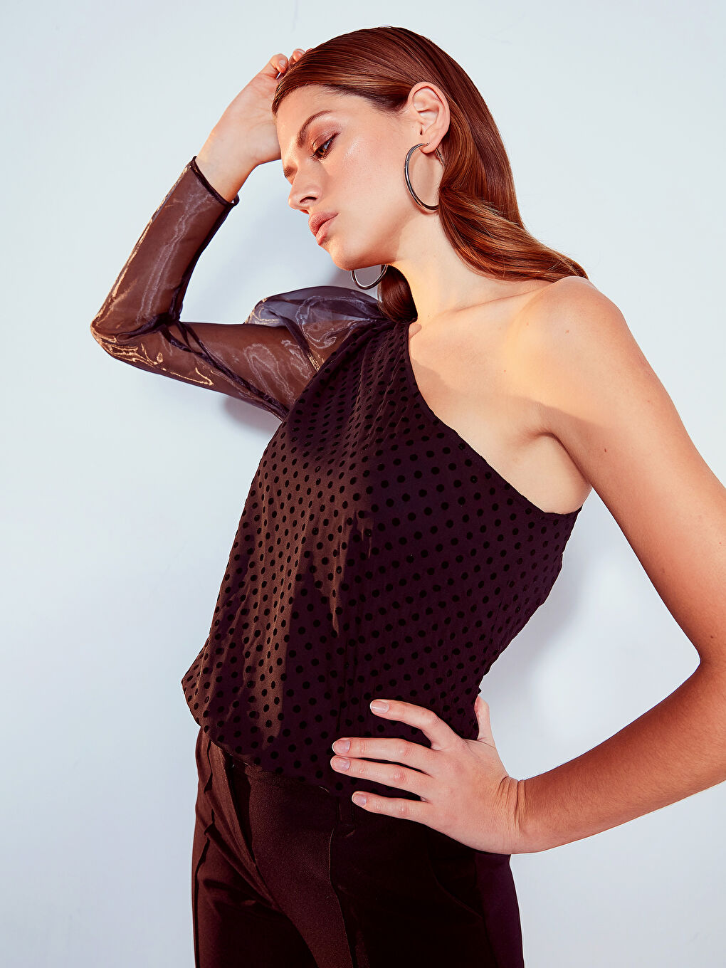 One Shoulder Polka Dot Long Sleeve Women's Blouse-2