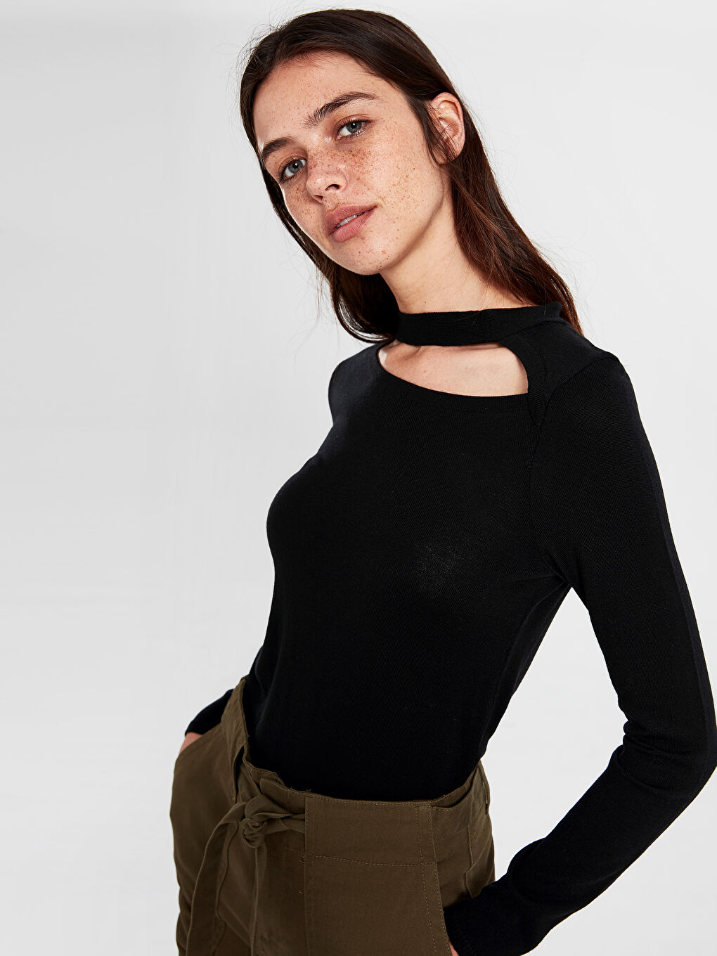 әйелдерге арналған дөңгелек жағалы ұзын жең трикотаж жемпір-1