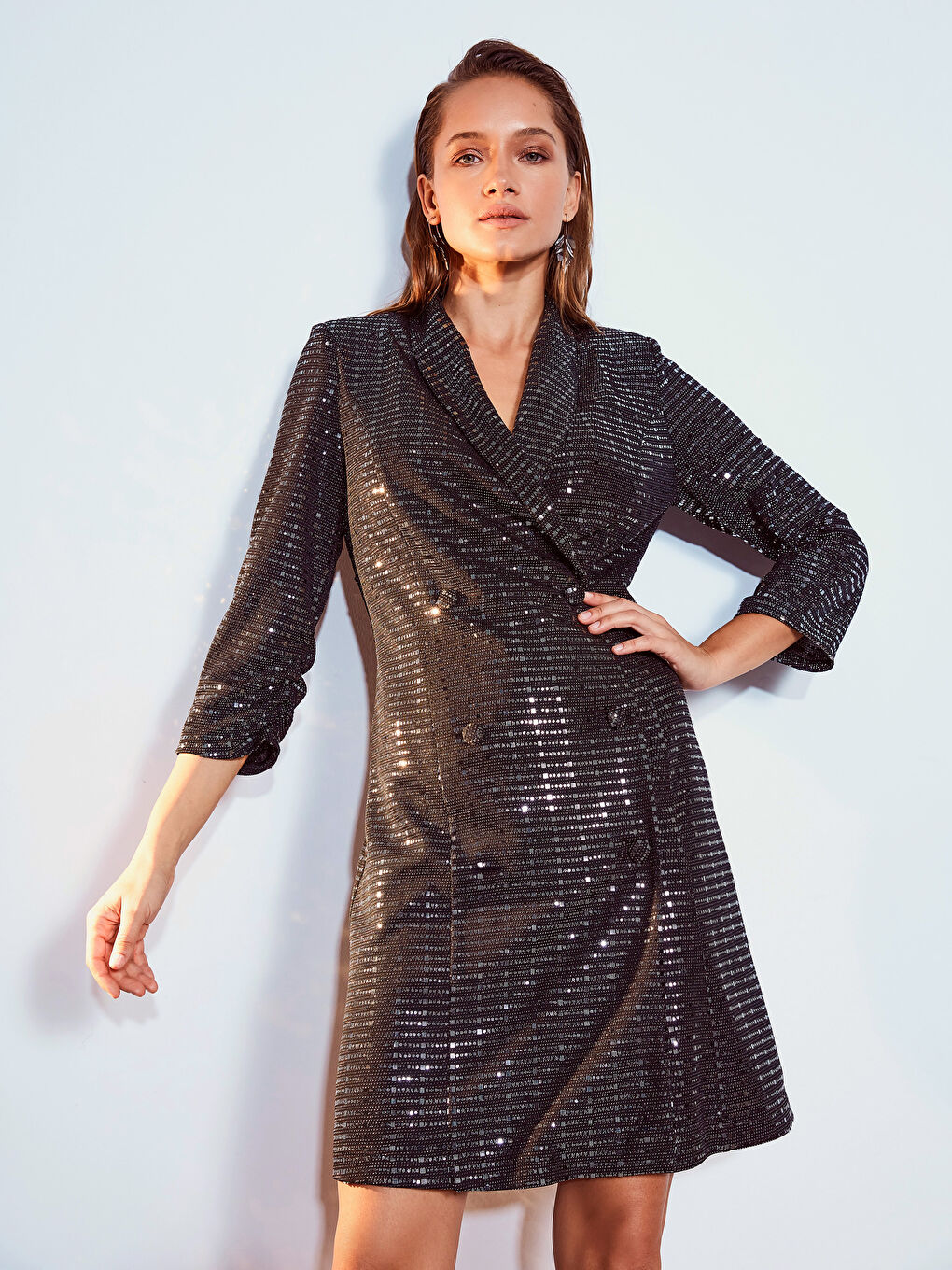 Gri Kruvaze Yaka Pul Payetli Uzun Kollu Kadın Ceket Elbise