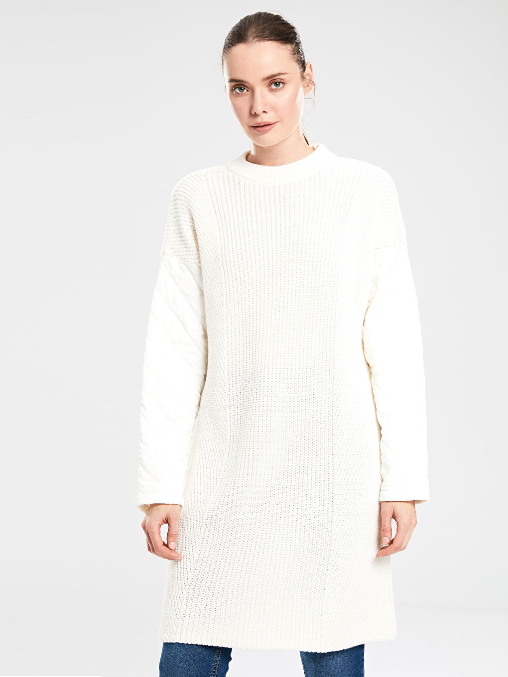 Ekru Bisiklet Yaka Oversize Kadın Tunik