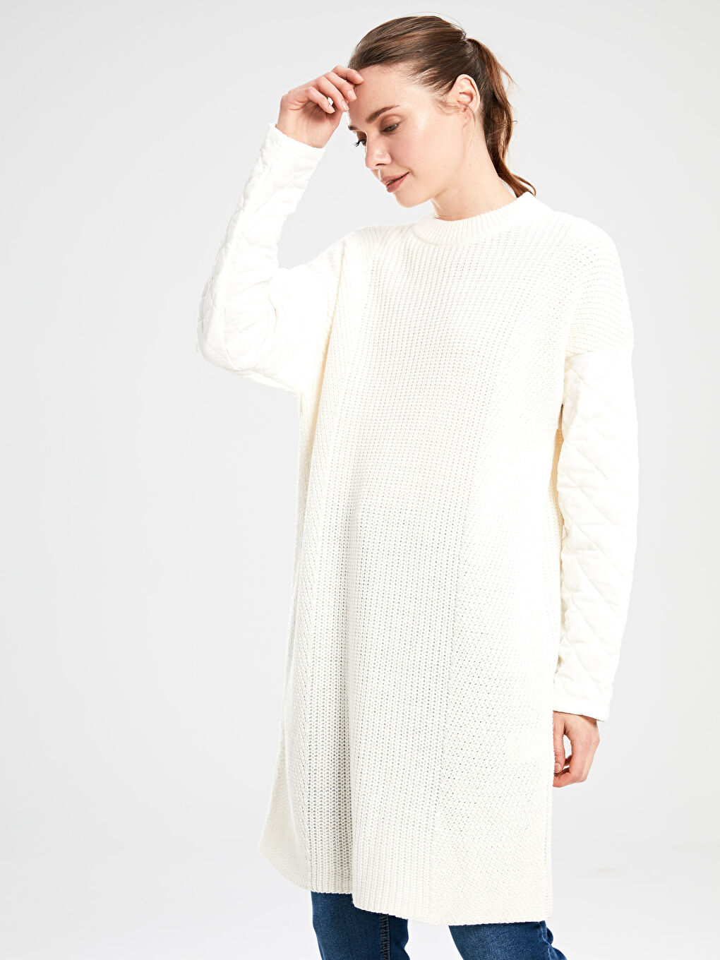 Ekru Bisiklet Yaka Oversize Kadın Tunik-1