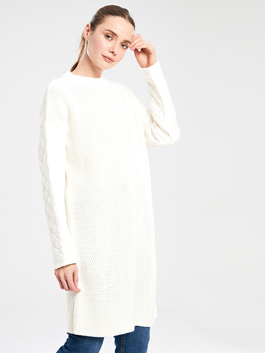 Ekru Bisiklet Yaka Oversize Kadın Tunik-2