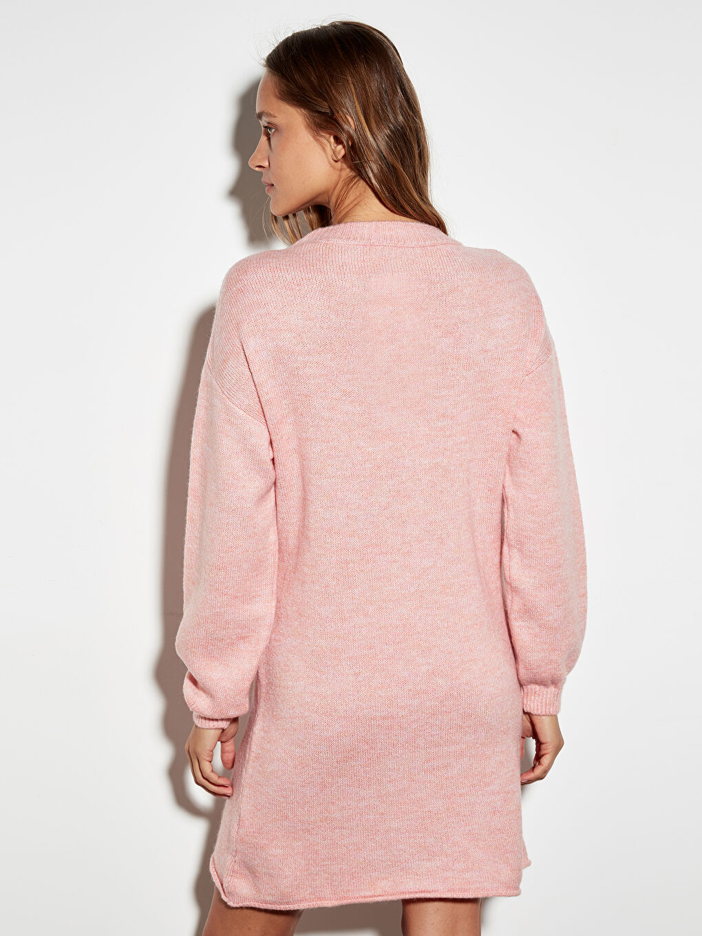 Pembe Bisiklet Yaka Düz Uzun Kollu Kadın Triko Elbise-3