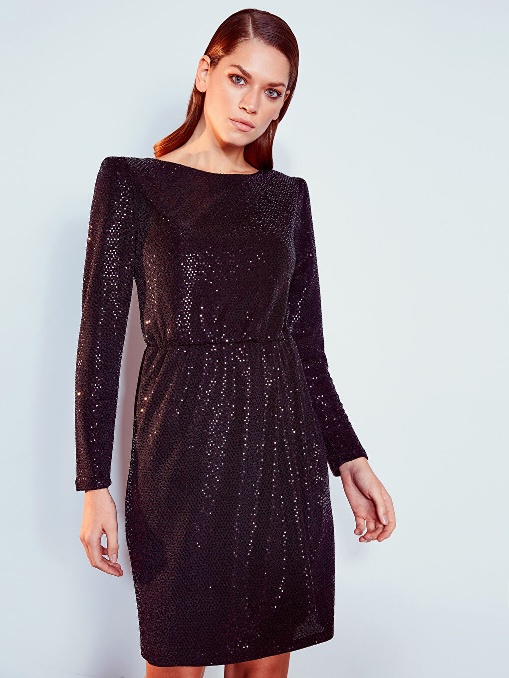 Siyah Kayık Yaka Uzun Kollu Kadın Elbise-1