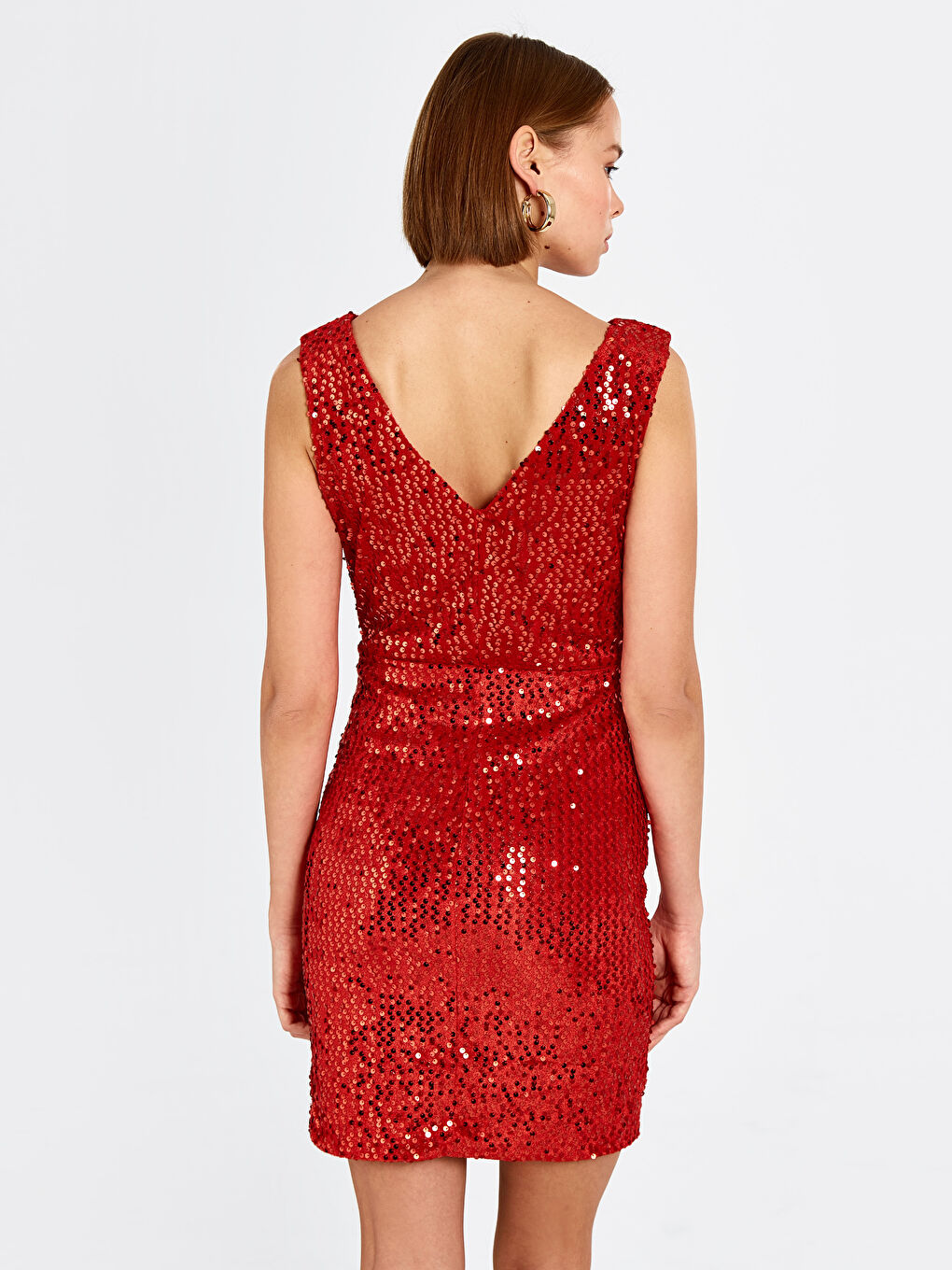 Kadın Bisiklet Yaka Parlak Pul Payetli Kolsuz Elbise-1