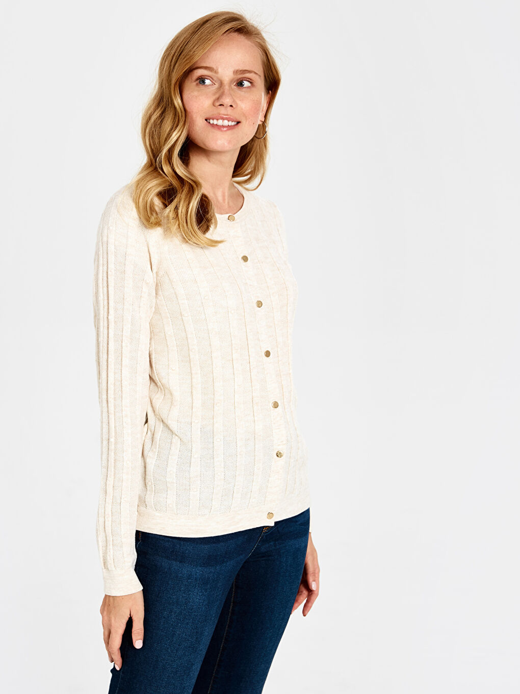 كارديجان بلوفر نسائي كم طويل بياقة دائرية-1