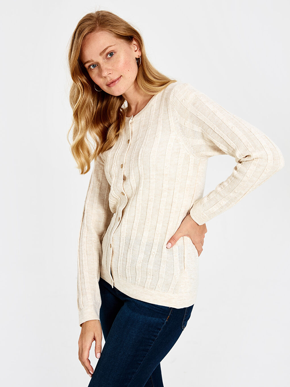 كارديجان بلوفر نسائي كم طويل بياقة دائرية-2