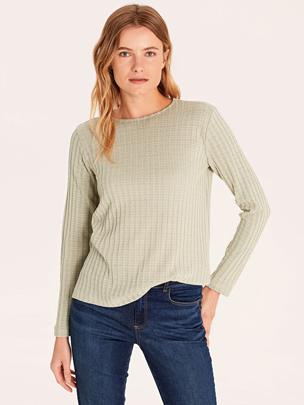 Yeşil Kendinden Desenli Uzun Kollu Kadın İnce Kazak-1