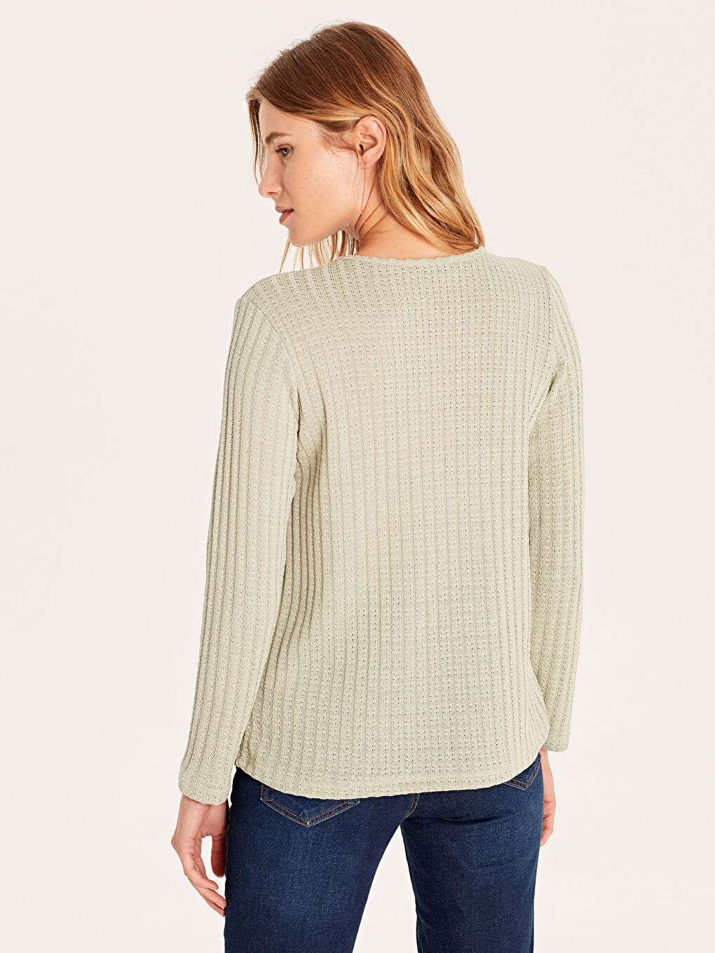 Yeşil Kendinden Desenli Uzun Kollu Kadın İnce Kazak-2