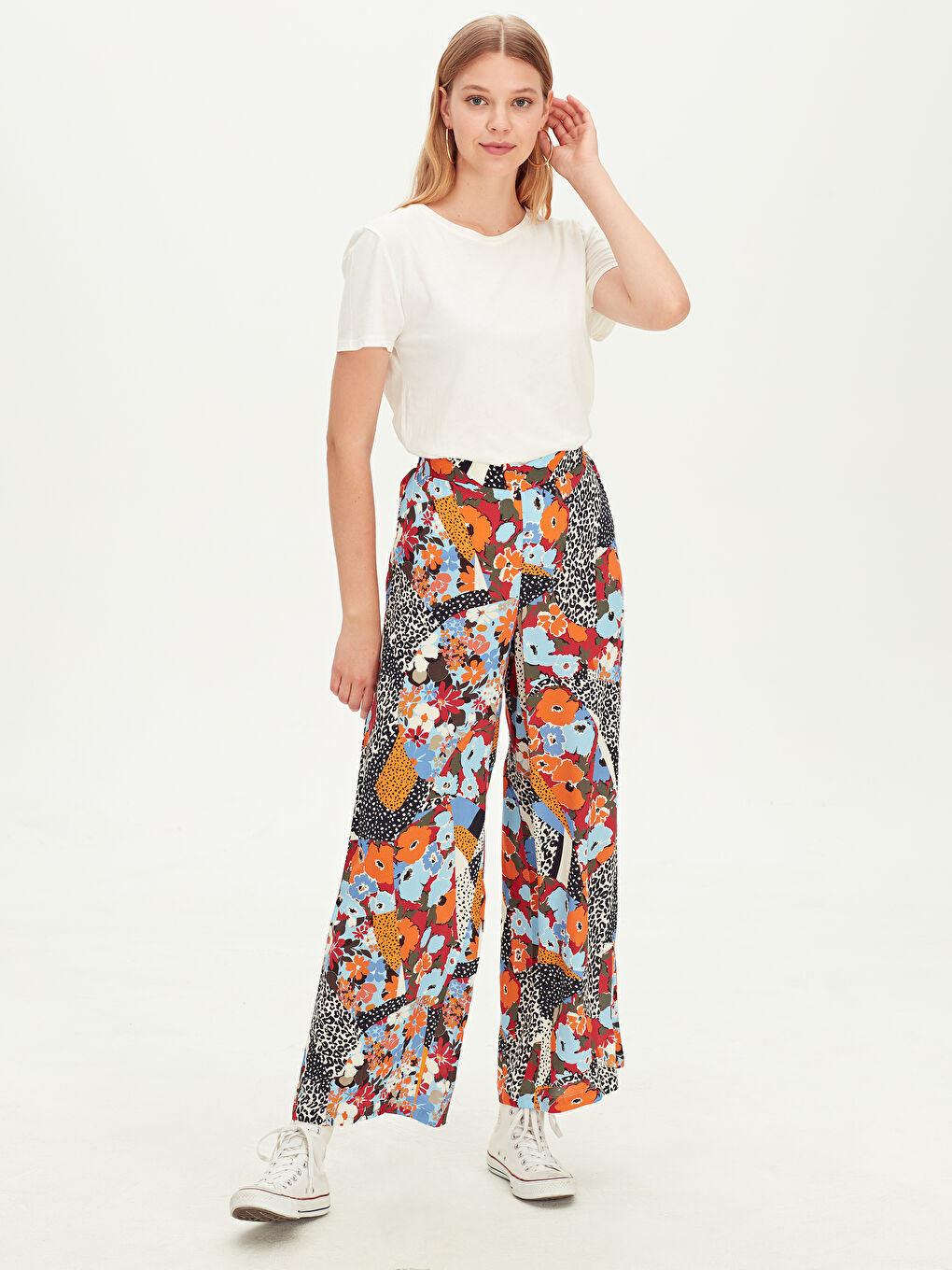 Turuncu Rahat Kalıp Poplin Kadın Pantolon-1