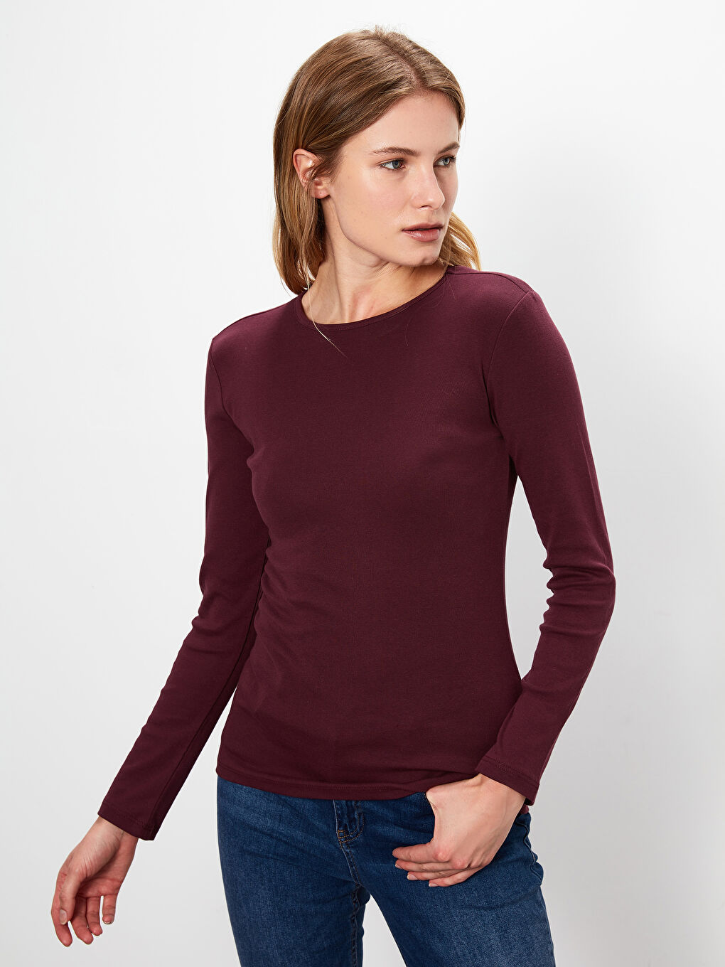 Mürdüm Düz Basic Pamuklu Uzun Kollu Kadın Tişört