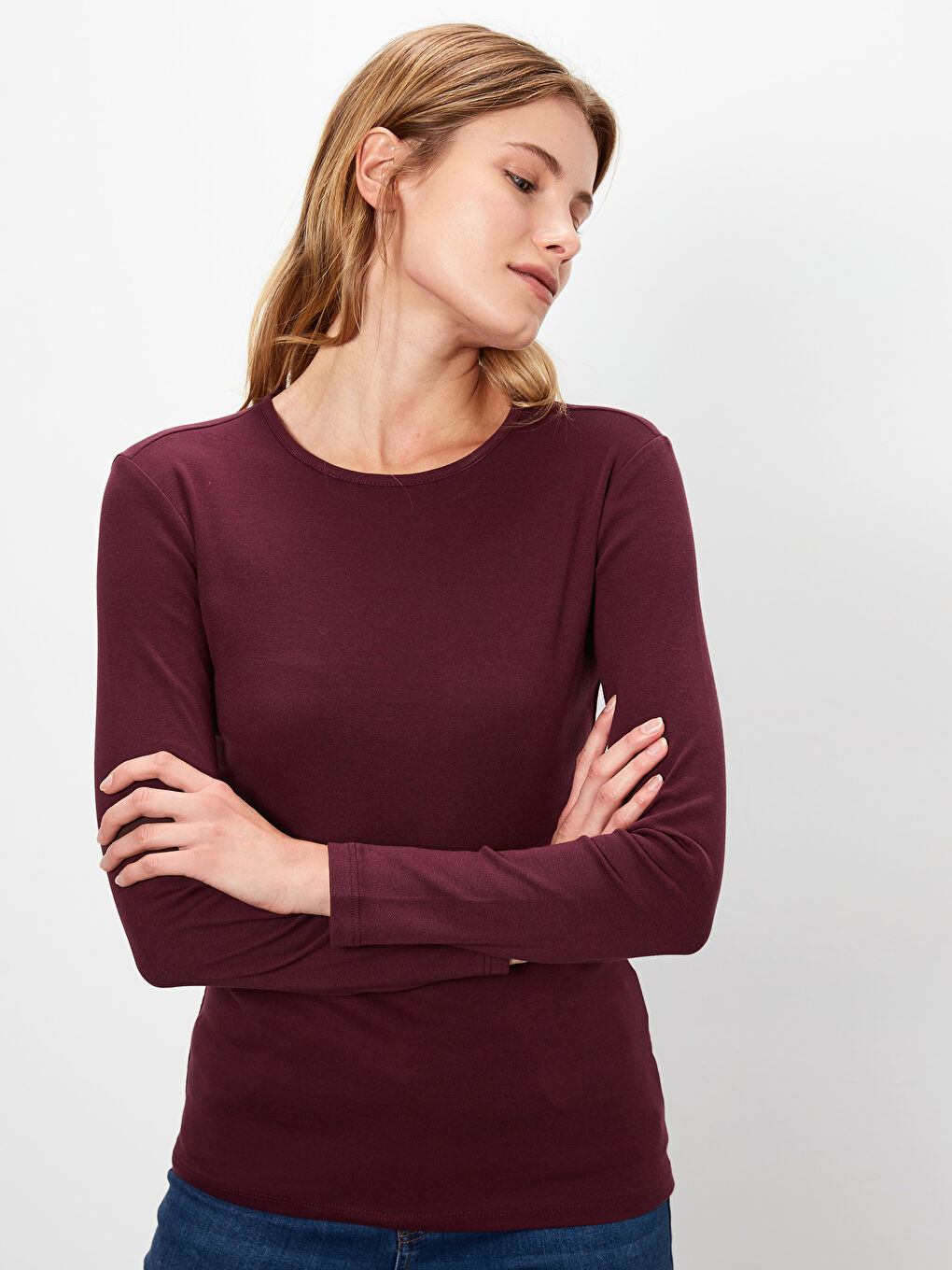 Mürdüm Düz Basic Pamuklu Uzun Kollu Kadın Tişört-1