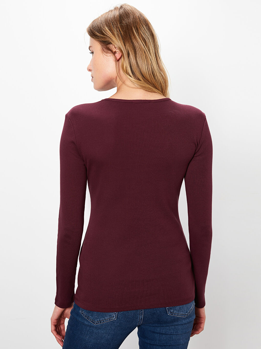 Mürdüm Düz Basic Pamuklu Uzun Kollu Kadın Tişört-2