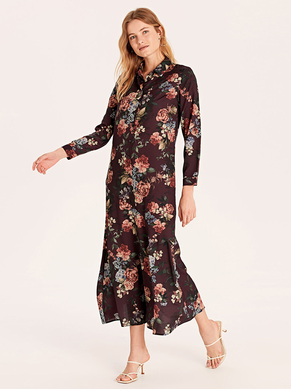 قميص فستان نسائي بكريب وكم طويل-1