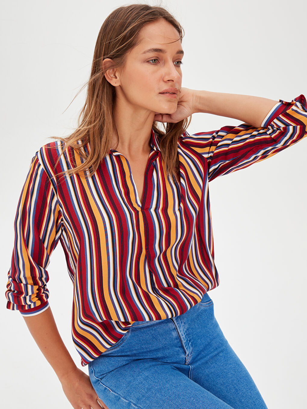 Kırmızı Çizgili Uzun Kollu Vual Kadın Gömlek Tunik-2