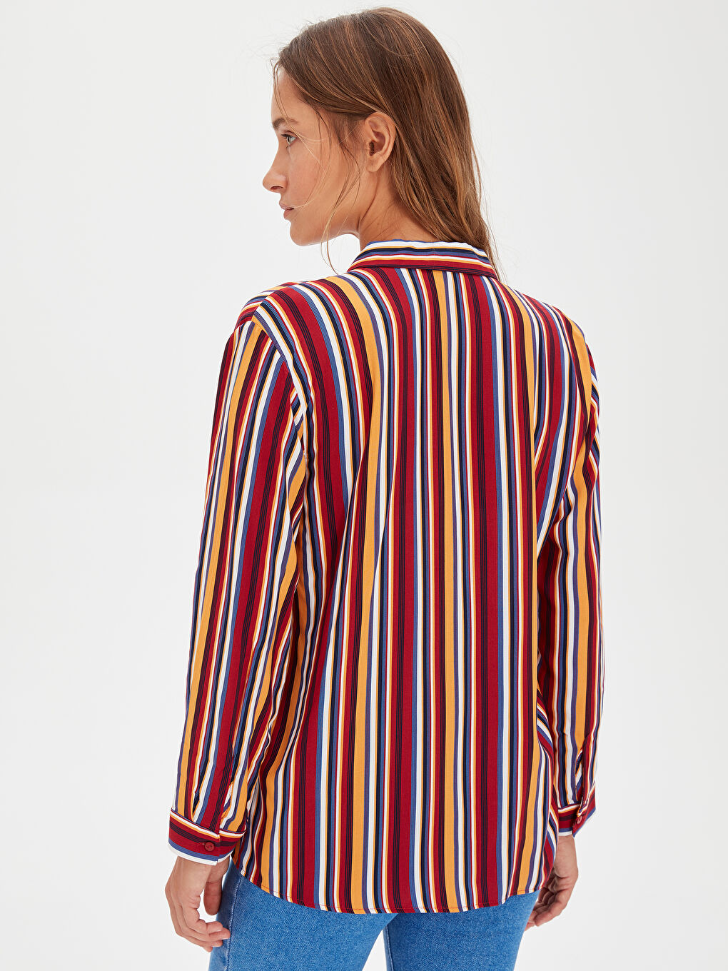 Kırmızı Çizgili Uzun Kollu Vual Kadın Gömlek Tunik-3