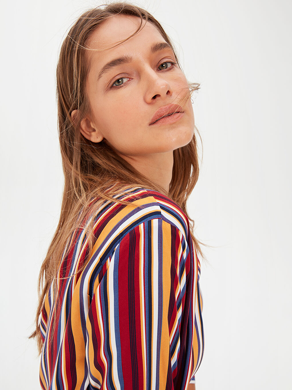 Kırmızı Çizgili Uzun Kollu Vual Kadın Gömlek Tunik-5