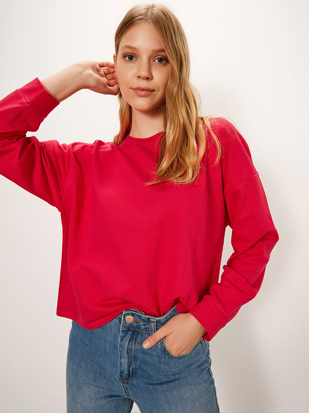 Pembe Bisiklet Yaka Düz Uzun Kollu Kadın Sweatshirt-1