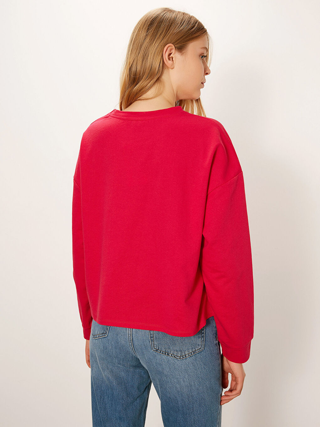 Pembe Bisiklet Yaka Düz Uzun Kollu Kadın Sweatshirt-2