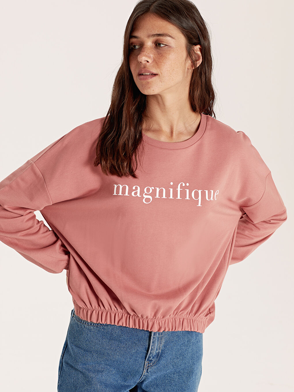 Pembe Bisiklet Yaka Yazı Baskılı Uzun Kollu Kadın Sweatshirt