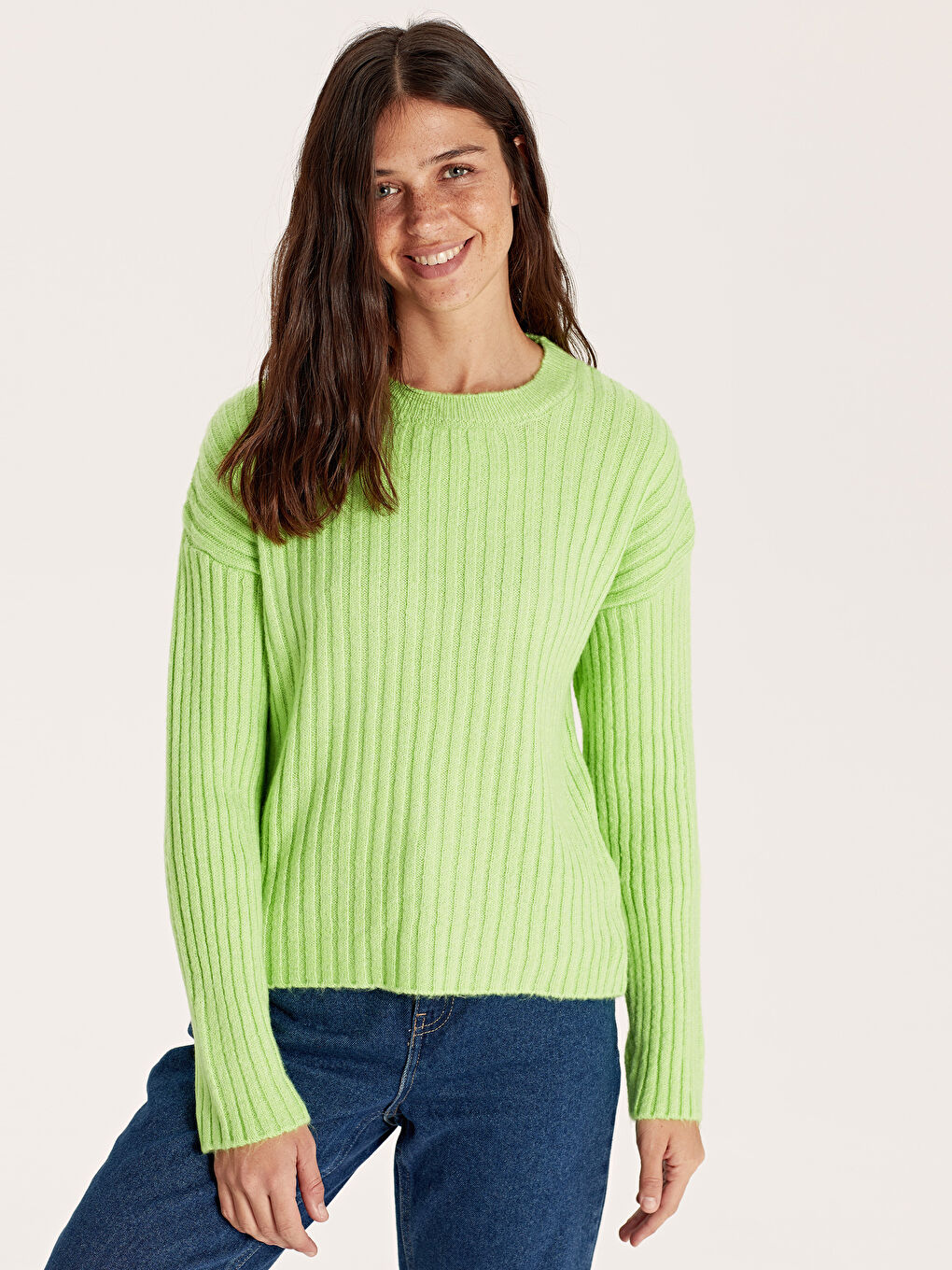 Yeşil Bisiklet Yaka Düz Uzun Kollu Kadın Triko  Kazak-1