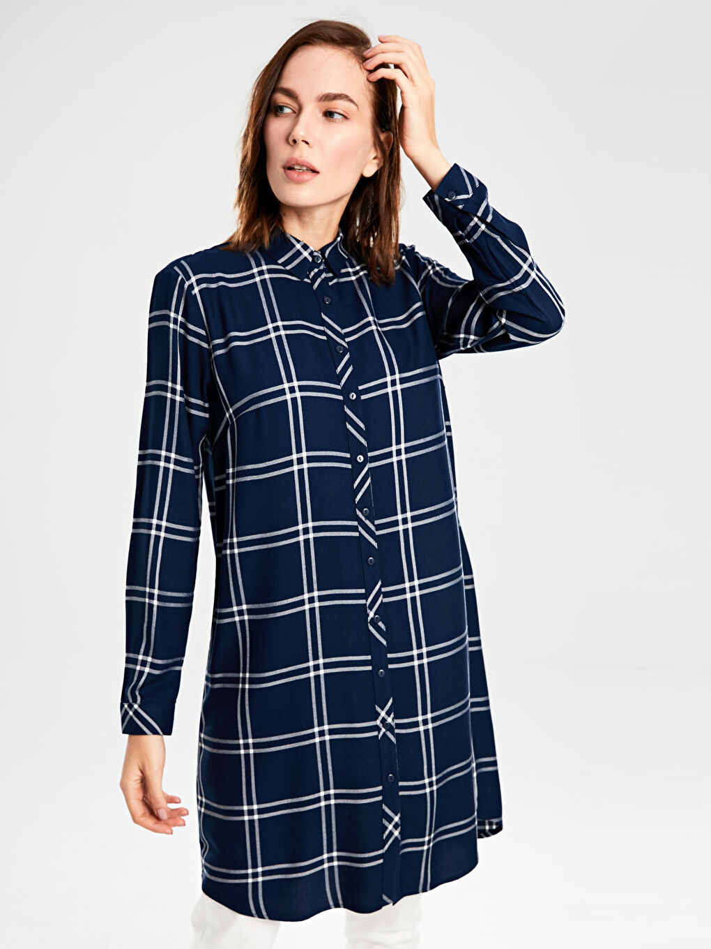 Lacivert Ekoseli Uzun Kollu Viskon Kadın Gömlek Tunik-1