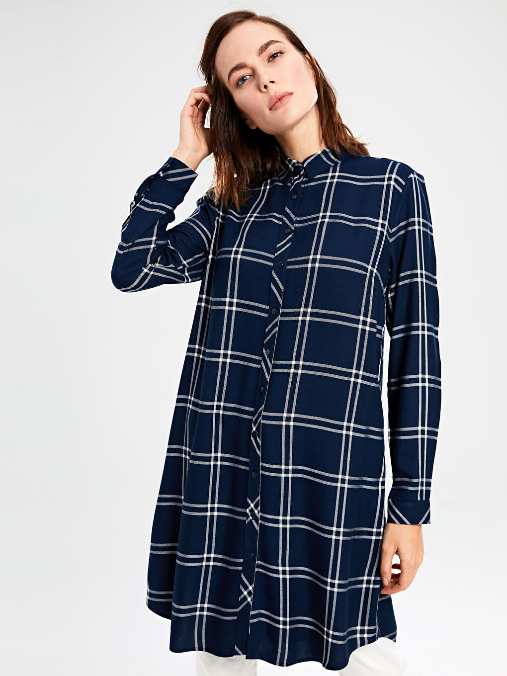 Lacivert Ekoseli Uzun Kollu Viskon Kadın Gömlek Tunik-2