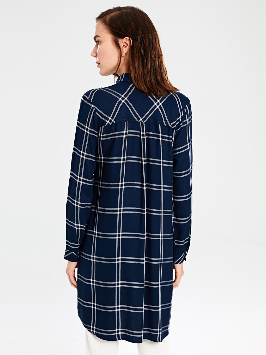 Lacivert Ekoseli Uzun Kollu Viskon Kadın Gömlek Tunik-3