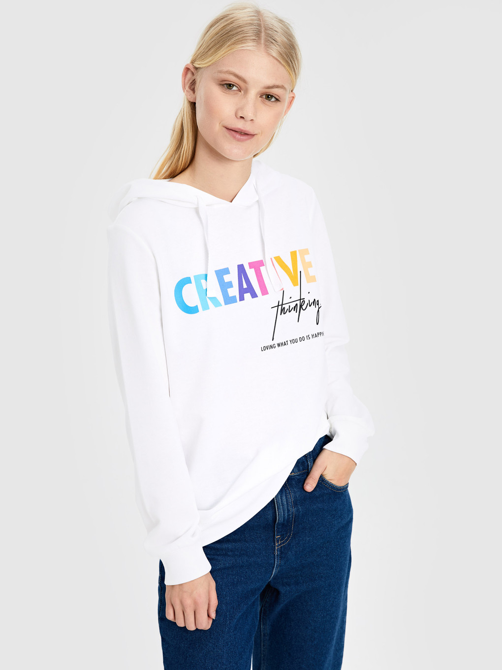 Beyaz Kapüşonlu Sweatshirt Kumaşı Kadın Sweatshirt-1