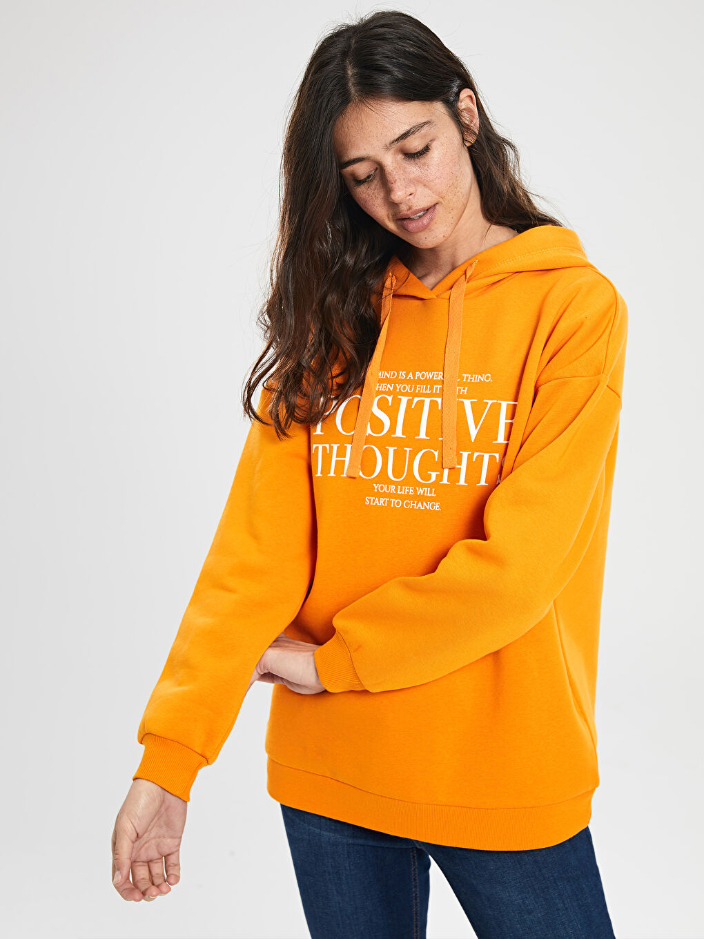 Turuncu Kapüşonlu Sweatshirt Kumaşı Kadın Sweatshirt-1