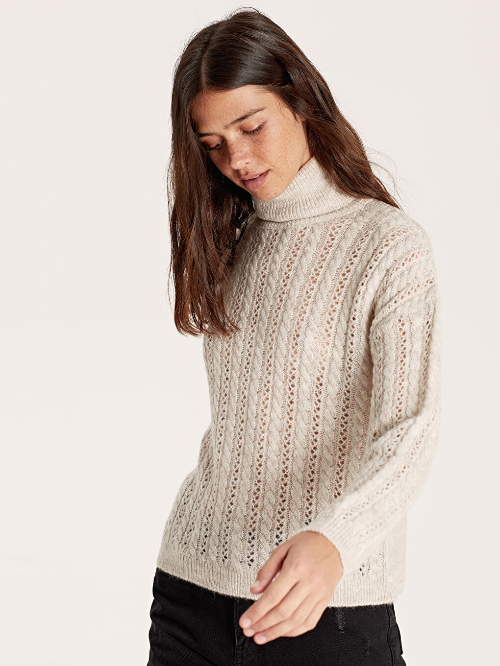 Kahverengi Balıkçı Yaka Uzun Kollu Kadın Kazak