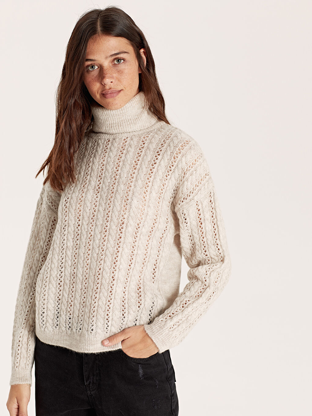 Kahverengi Balıkçı Yaka Uzun Kollu Kadın Kazak-1