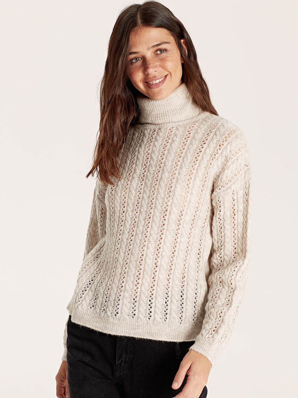 Kahverengi Balıkçı Yaka Uzun Kollu Kadın Kazak-2