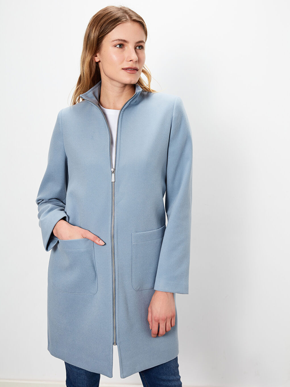 Mavi Hakim Yaka Kadın Dik Yaka Kaşe Kaban