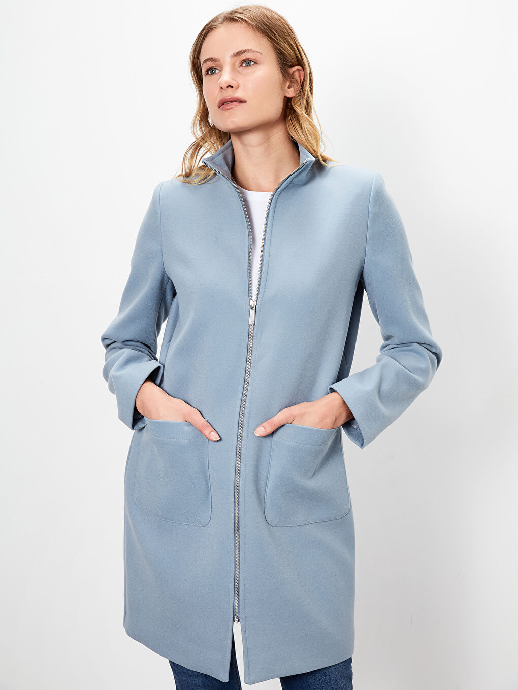 Mavi Hakim Yaka Kadın Dik Yaka Kaşe Kaban-1