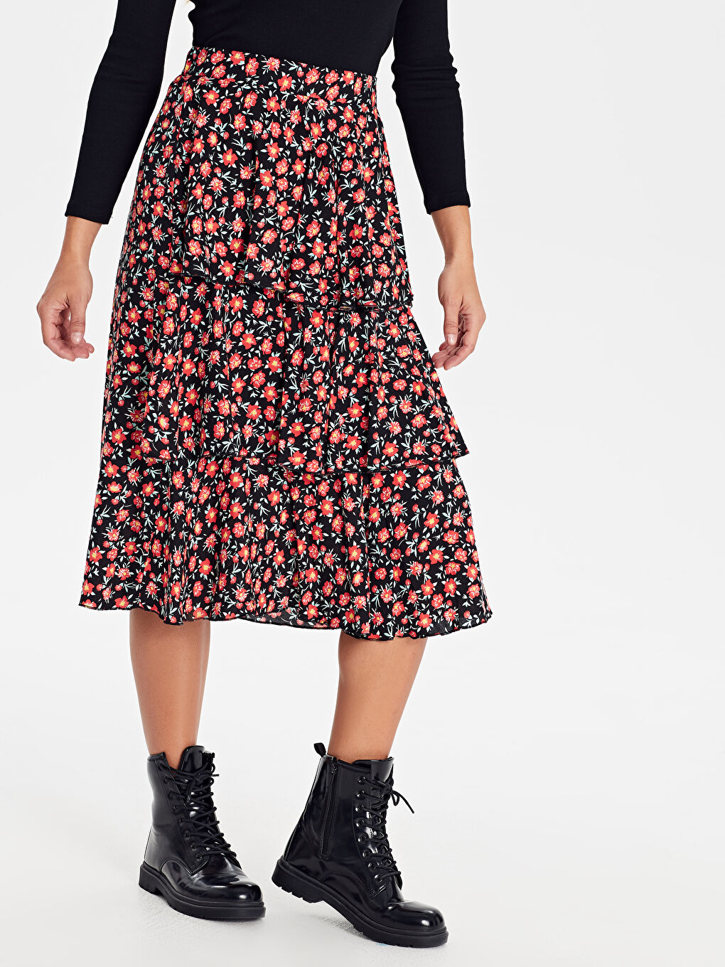 Kırmızı Desenli Fırfırlı Kadın Viskon Etek-2