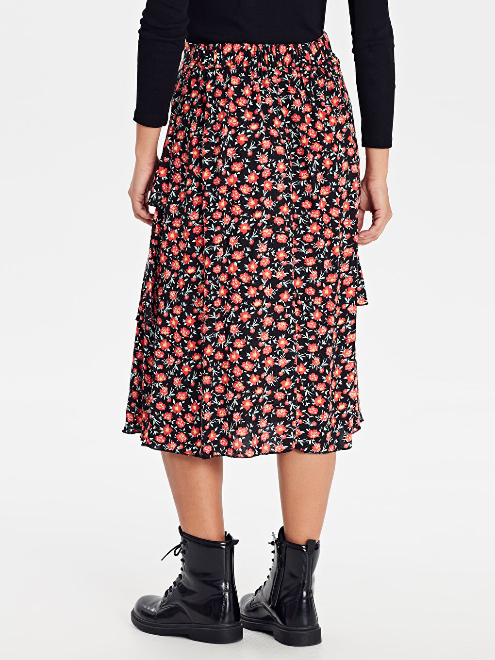 Kırmızı Desenli Fırfırlı Kadın Viskon Etek-3